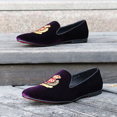 Various Occasions Mens Brown Leather Loafer Shoes , Crown Embroidered Velvet Slipper