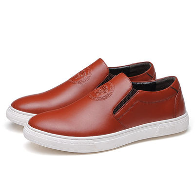 OEM ODM Mens Slip On Leather Sneakers Black / Brown With White Out Sole