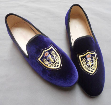 Customized Embroidered Mens Velvet Loafers Slip On Blue Velvet Slippers
