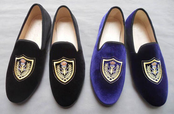 Customized Embroidered Mens Velvet Loafers Slip On Blue Velvet Slippers
