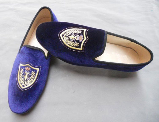 Customized Embroidered Mens Velvet Loafers Slip On Blue Velvet Slippers