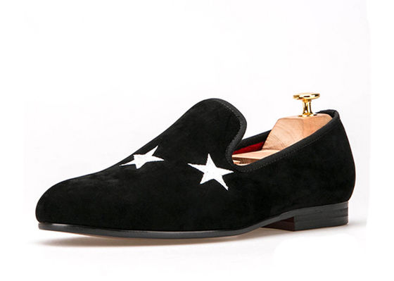 Dark Blue Mens Velvet Smoking Slippers Elegant Star Custom Embroidered Slippers