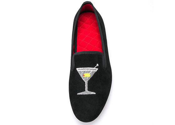 Embroidery Mens Velvet Loafers Mens Black Smoking Slippers With Wine Glass Design