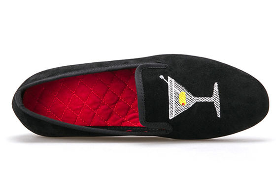 Embroidery Mens Velvet Loafers Mens Black Smoking Slippers With Wine Glass Design