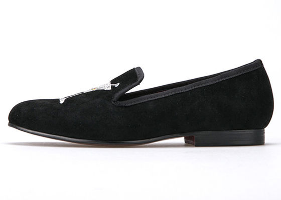 Embroidery Mens Velvet Loafers Mens Black Smoking Slippers With Wine Glass Design