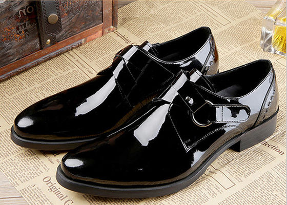 Black Shiny Men Formal Dress Shoes Patent Leather Oxfords Style With Printed Logo