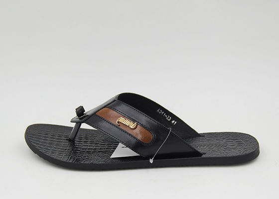 Breathable Mens Leather Slippers Comfortable Black Flip Flop Slippers For Home