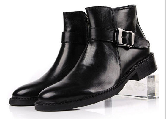 British Style Mens Black Buckle Ankle Boots Personalized Mens Zipper Boots