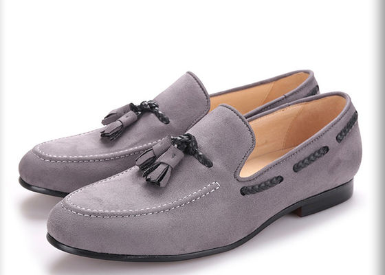 Handmade Mens Black Velvet Shoes , Tassel British Style Grey Casual Dress Shoes