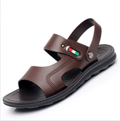Custom Handmade Leather Sandals Mens OEM / ODM Brown Leather Flat Sandals