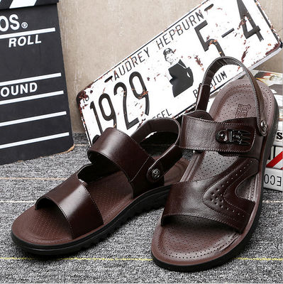 Flat Handmade Leather Sandals Mens  Leisure Black Beach Sandals With Leather Upper