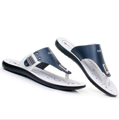 Outdoor men's genuine leather slippers Handmade Round Toe Mens Beach Flip Flops