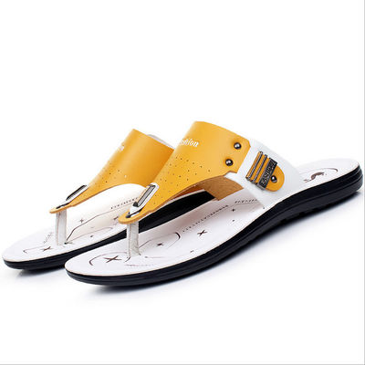 Outdoor men's genuine leather slippers Handmade Round Toe Mens Beach Flip Flops