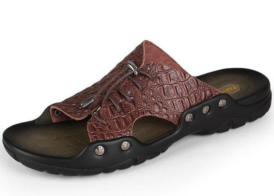 Beach Mens Leather Summer Slippers , Custom Split Leather Shoes