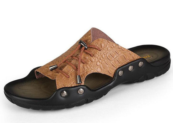 Beach Mens Leather Summer Slippers , Custom Split Leather Shoes