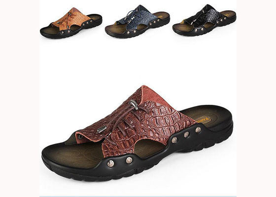 Beach Mens Leather Summer Slippers , Custom Split Leather Shoes