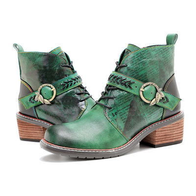 Retro Casual Style Women's Leather Boots Low Heel Round Toe