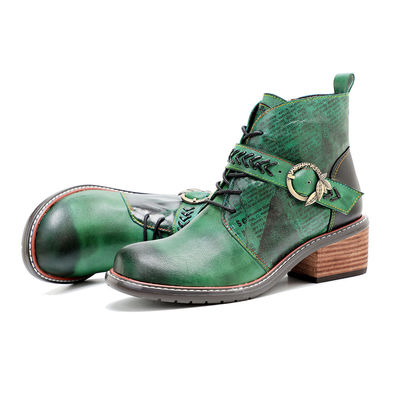 Retro Casual Style Women's Leather Boots Low Heel Round Toe