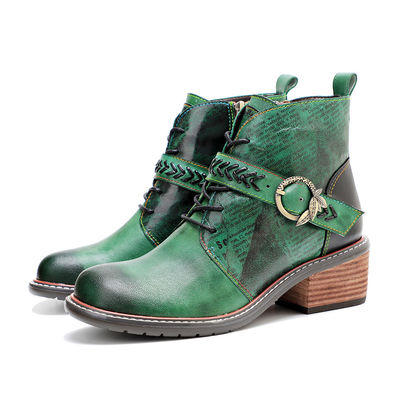 Retro Casual Style Women's Leather Boots Low Heel Round Toe