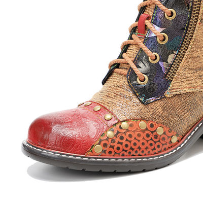 Brown Women'S Leather Boots Low Heel Ladies Lace Up Ankle Boots