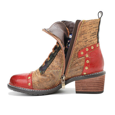 Brown Women'S Leather Boots Low Heel Ladies Lace Up Ankle Boots