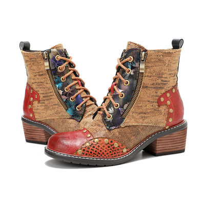 Brown Women'S Leather Boots Low Heel Ladies Lace Up Ankle Boots