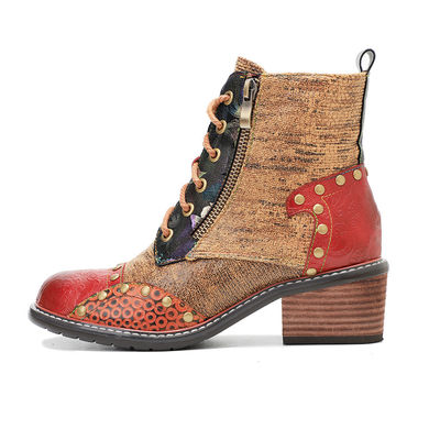 Brown Women'S Leather Boots Low Heel Ladies Lace Up Ankle Boots