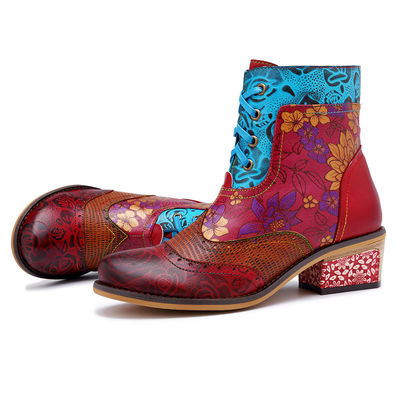 Vintage Genuine Leather Cowgirl Boots , Women Leather Ankle boots Big Size