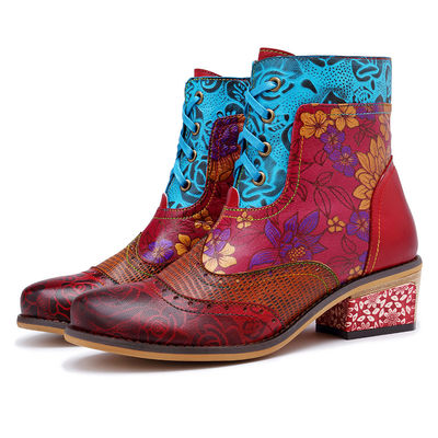 Vintage Genuine Leather Cowgirl Boots , Women Leather Ankle boots Big Size