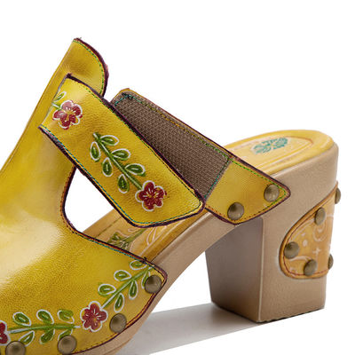 Yellow Fashion Women Sandals Floral T-Strap Ladies Leather Clogs Sandals