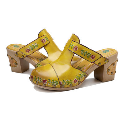 Yellow Fashion Women Sandals Floral T-Strap Ladies Leather Clogs Sandals