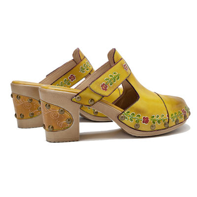 Yellow Fashion Women Sandals Floral T-Strap Ladies Leather Clogs Sandals