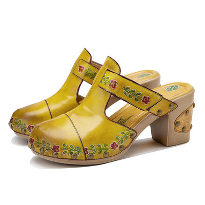 Yellow Fashion Women Sandals Floral T-Strap Ladies Leather Clogs Sandals