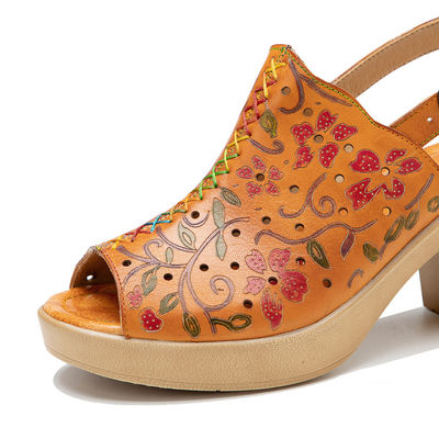 Bohemian Fashion Women Sandals Orange Leather Block Heel Sandals