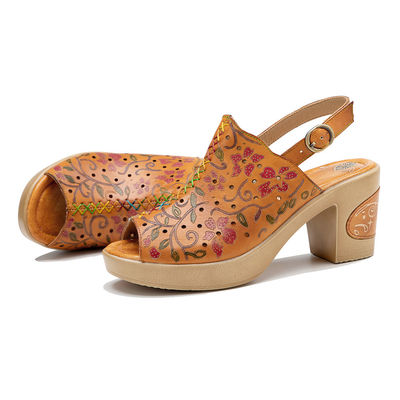 Bohemian Fashion Women Sandals Orange Leather Block Heel Sandals