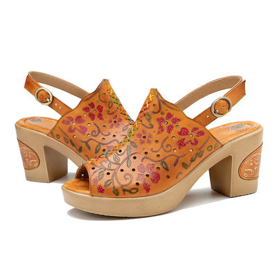 Bohemian Fashion Women Sandals Orange Leather Block Heel Sandals