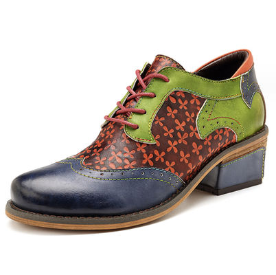 Fashion Women's Dress Shoes Pointed Toe Wingtip Colorful Leather Vintage Shoes