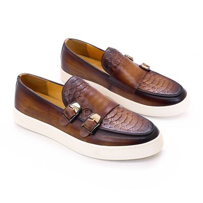 Low Heel Men Round Toe Slip On Sneakers , Crocodile Texture Leather Horsebit Loafers
