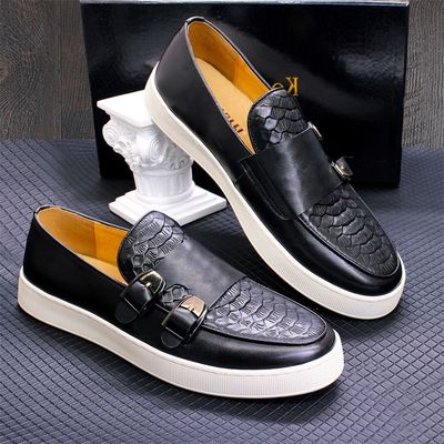 Low Heel Men Round Toe Slip On Sneakers , Crocodile Texture Leather Horsebit Loafers