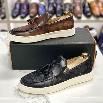Low Heel Mens Slip On Tassel Shoes Black / Brown Men Genuine Leather Casual Shoes