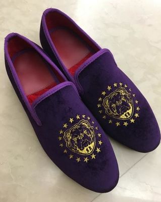 Purple Mens Velvet Slip On Loafers , Mens Velvet Slippers Embroidered for Party