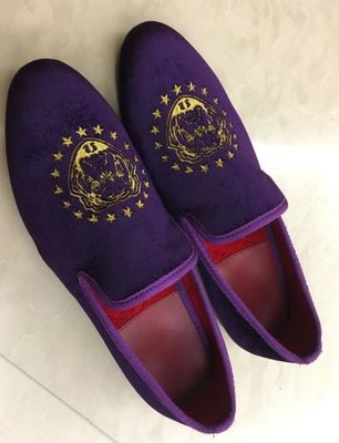Purple Mens Velvet Slip On Loafers , Mens Velvet Slippers Embroidered for Party