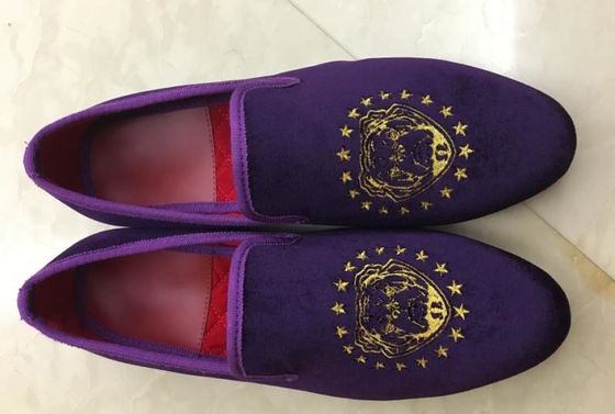 Purple Mens Velvet Slip On Loafers , Mens Velvet Slippers Embroidered for Party