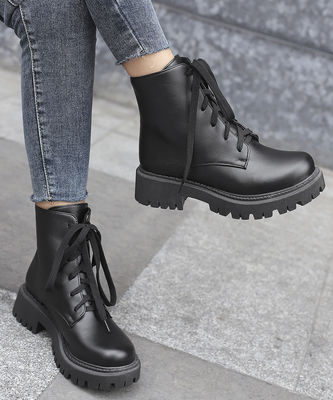 Rubber Sole Women's Leather Boots Black Military Style Boots for Standards