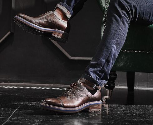Woven Formal Mens Leather Dress Shoes Elegant Goodyear Welted Shoes With Two Cap Toe