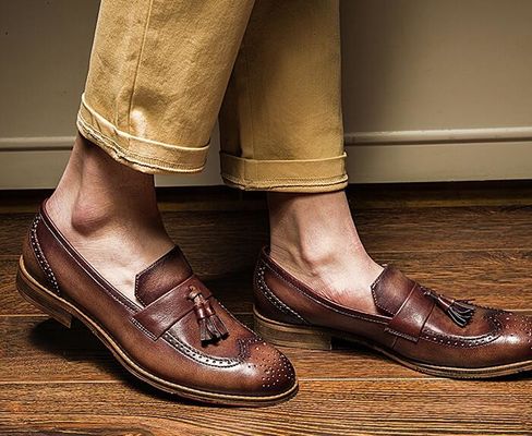 Spring / Autumn Brown Mens Woven Leather Slip On Shoes For Party