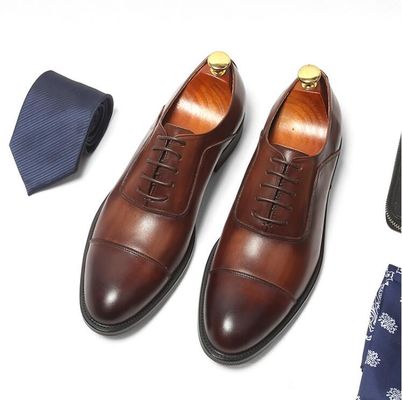 Plain Toe Mens Brown Lace Up Dress Shoes Sizes Customized With Waxy Leather Finish