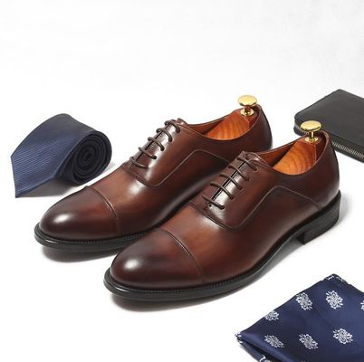 Plain Toe Mens Brown Lace Up Dress Shoes Sizes Customized With Waxy Leather Finish