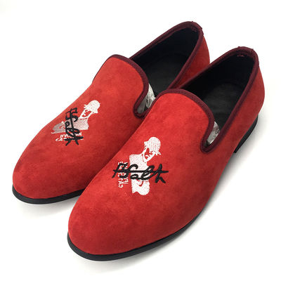 Red Mens Velvet Loafers Skull Style Custom Mens Flat Casual Shoes Sample Available