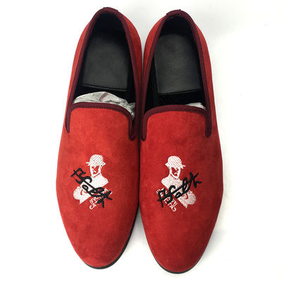 Red Mens Velvet Loafers Skull Style Custom Mens Flat Casual Shoes Sample Available